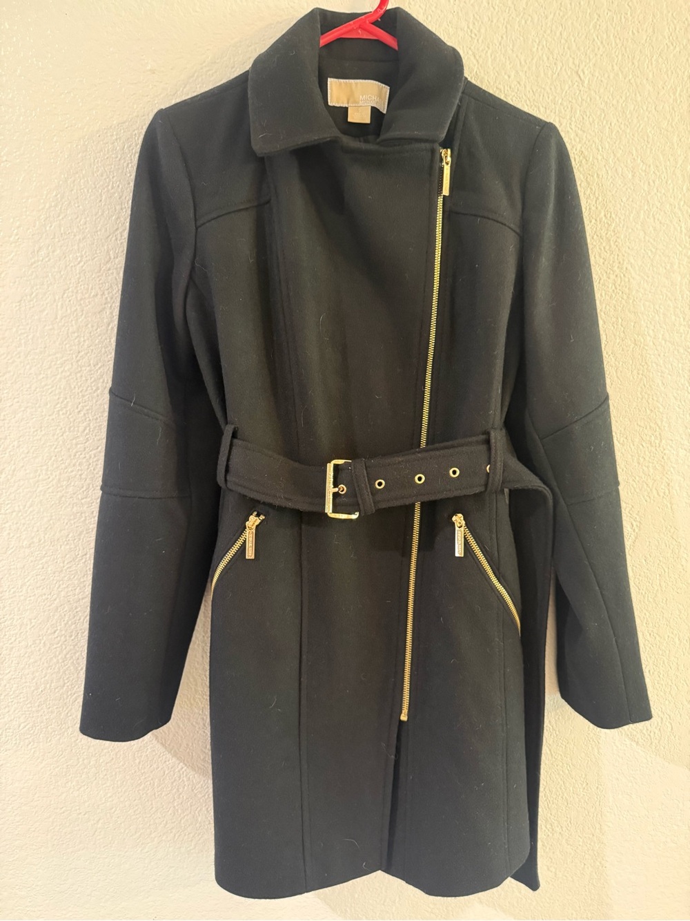 MICHAEL Michael Kors Black Wool-Blend Trench Coat with Gold Hardware